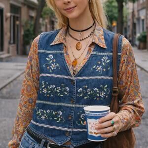 Vintage 90s Jantzen Petite Sz L Blue Denim Embroidered Floral Vest Phoebe Buffay